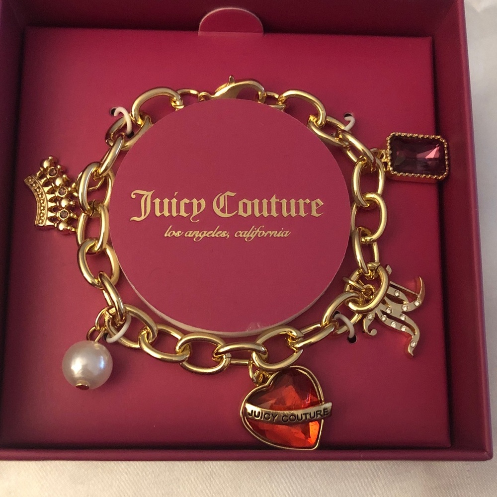 Juicy Couture Gold Tone Charm Bracelet Heart, Crown, JC, Faux Pearl Crystal NIB